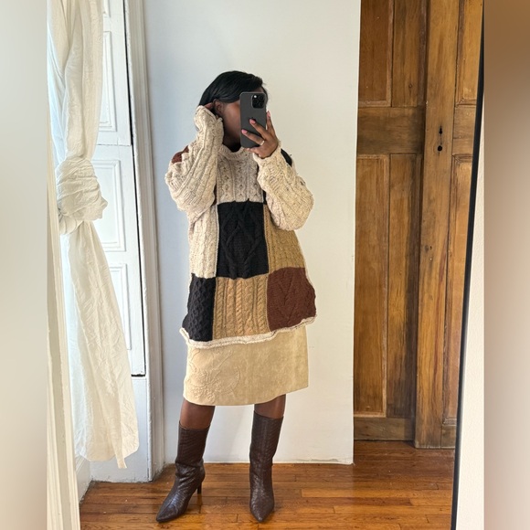 Blarney Woollen Mills Sweaters - Blarney Irish Woollen Mills Fisherman Brown Tan checked Aran cable knit sweater